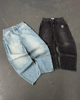 Threebooy Y2K New PROTECT Jeans Letter Embroidery Washed Blue Baggy Jeans Men and Women Retro Harajuku Hip-Hop High Waist Wide Leg Trouser